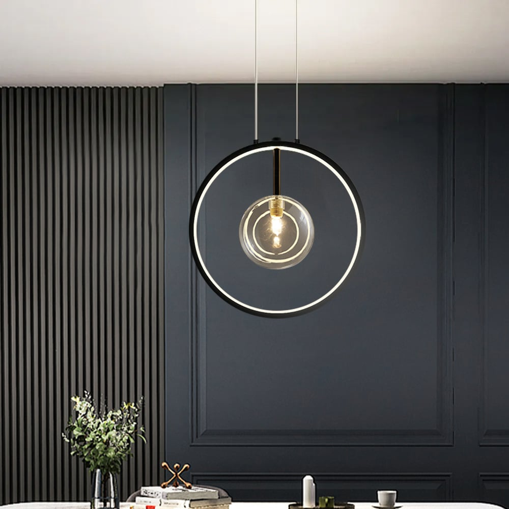Black Minimalist Glass Globe LED Pendant Light | Modern Hanging Lamp