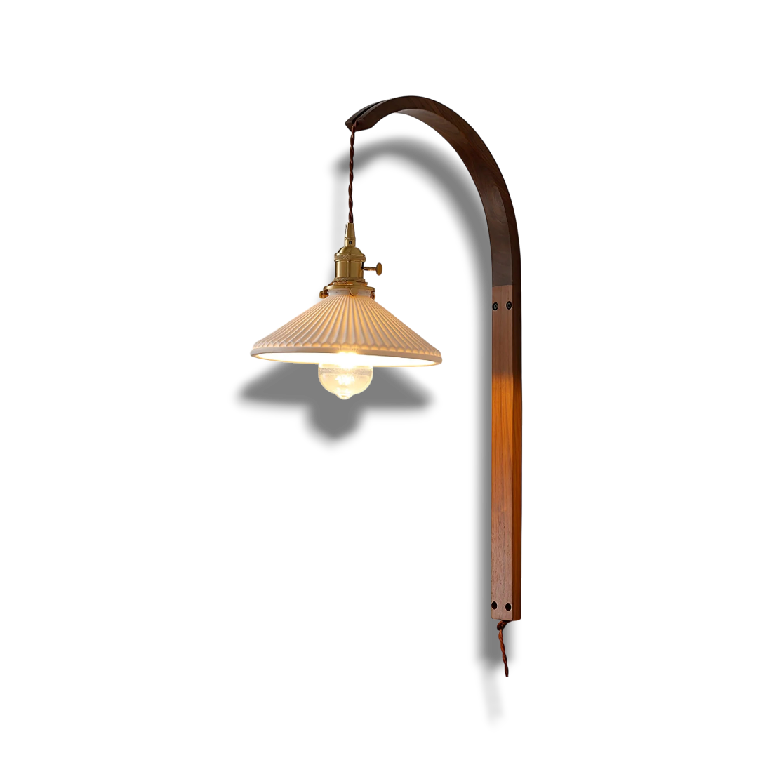 Curved Ceramic Wall Light with Walnut Finish – Plug-in Design