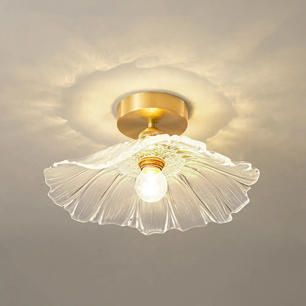Flower-Shaped Pendant Light – Clear Glass Petals with Retro Brass Details