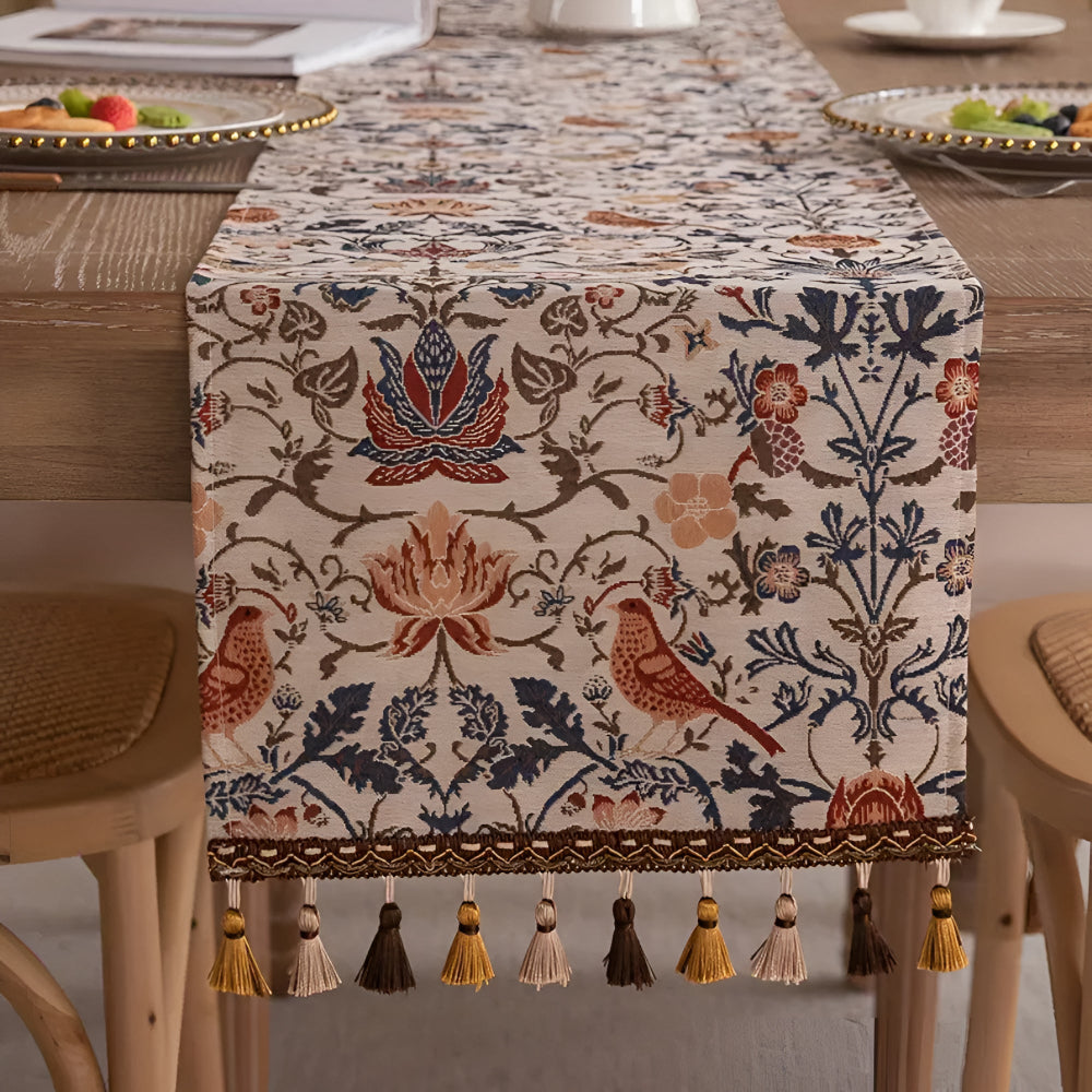 Floral & Bird Patterned Jacquard Table Runner – Timeless Style