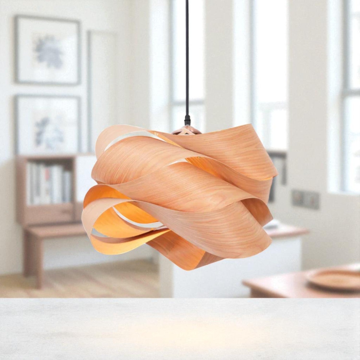 Wood Veneer Wave Curve Pendant Light – Handmade Oak