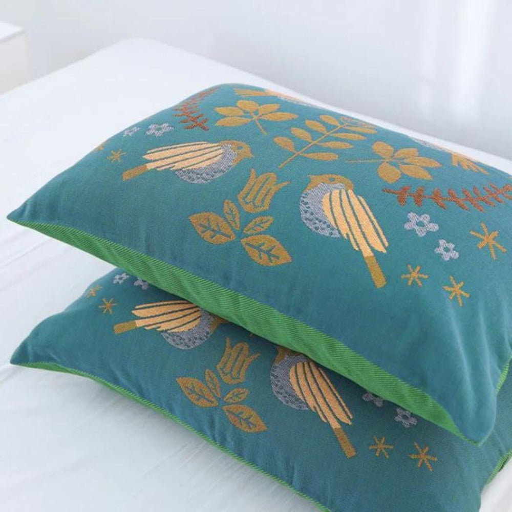 2pcs Cotton Gauze Pillow Covers – Nordic Birds Print, Cozy & Stylish