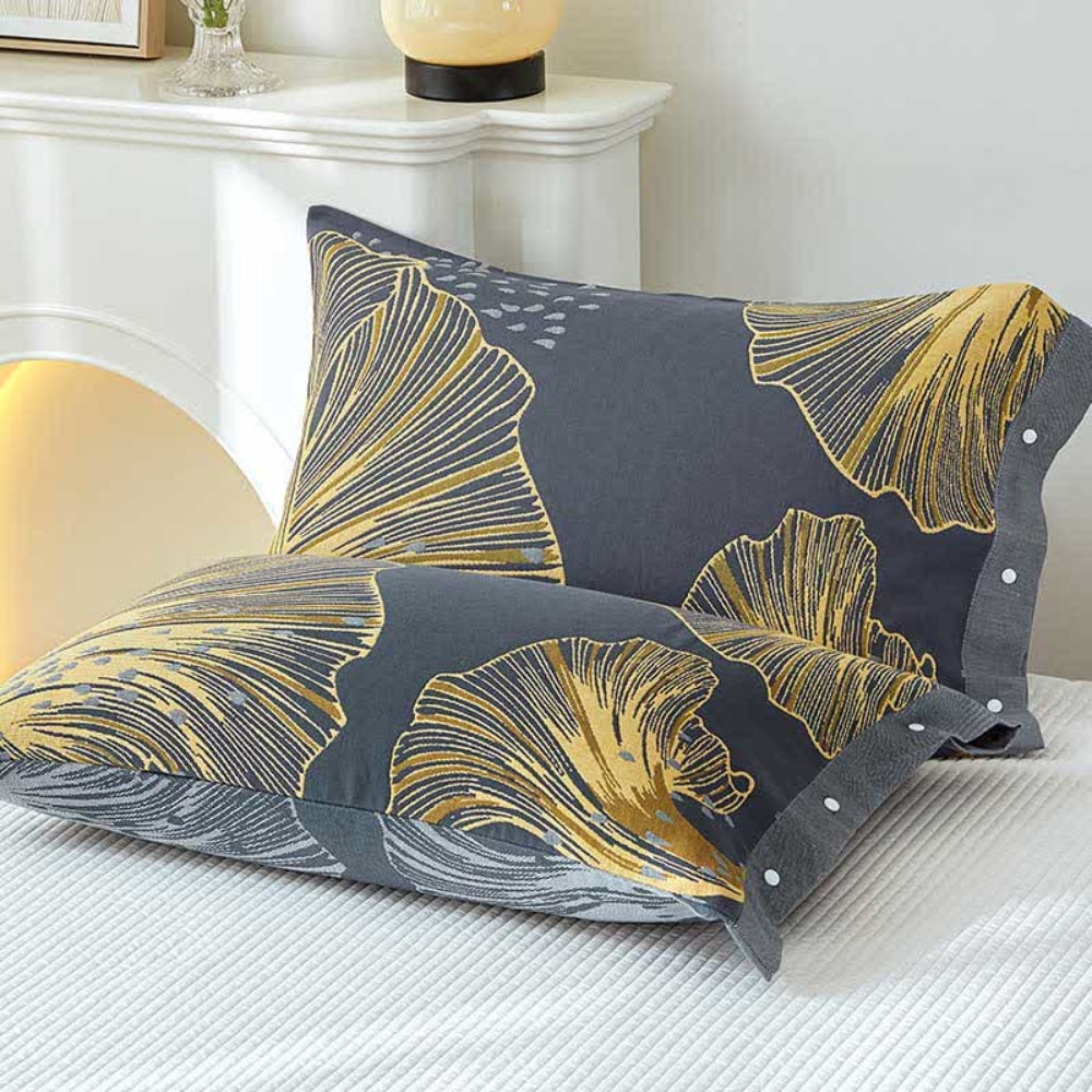 Luxury Cotton Pillowcase Set – Golden Floral Pattern, Twin Pack