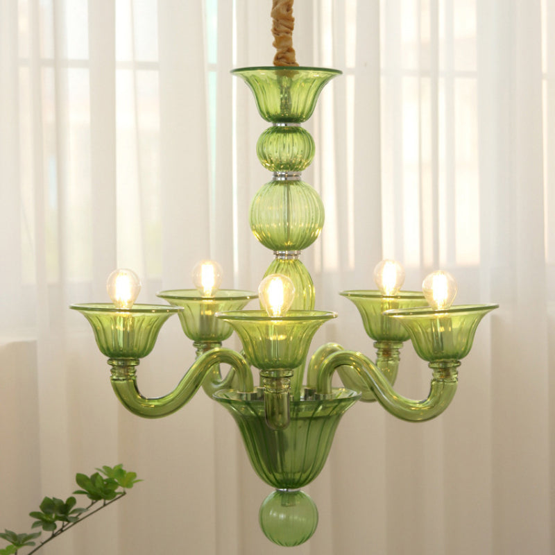 Modern Floral Metal & Glass Chandelier – Retro Design in Green, Yellow, Clear