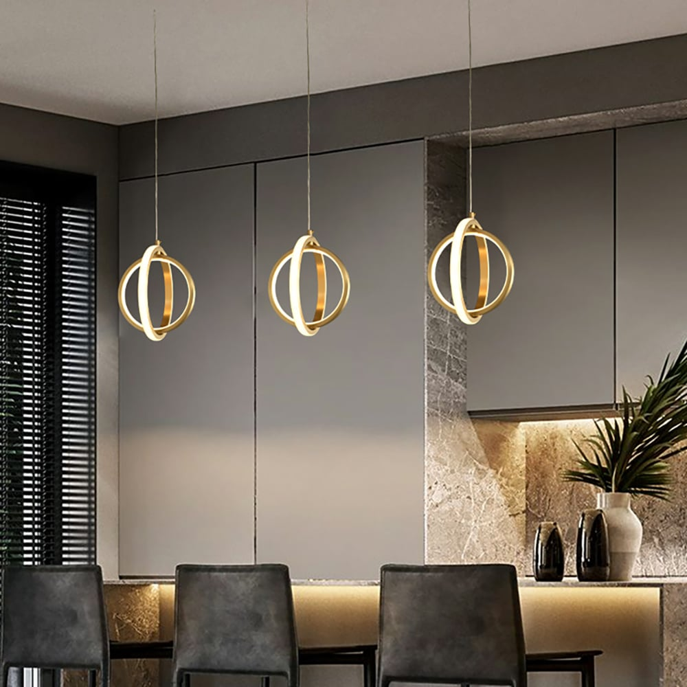 Gold Geometric 2-Ring LED Pendant Light | Brass Hanging Lamp