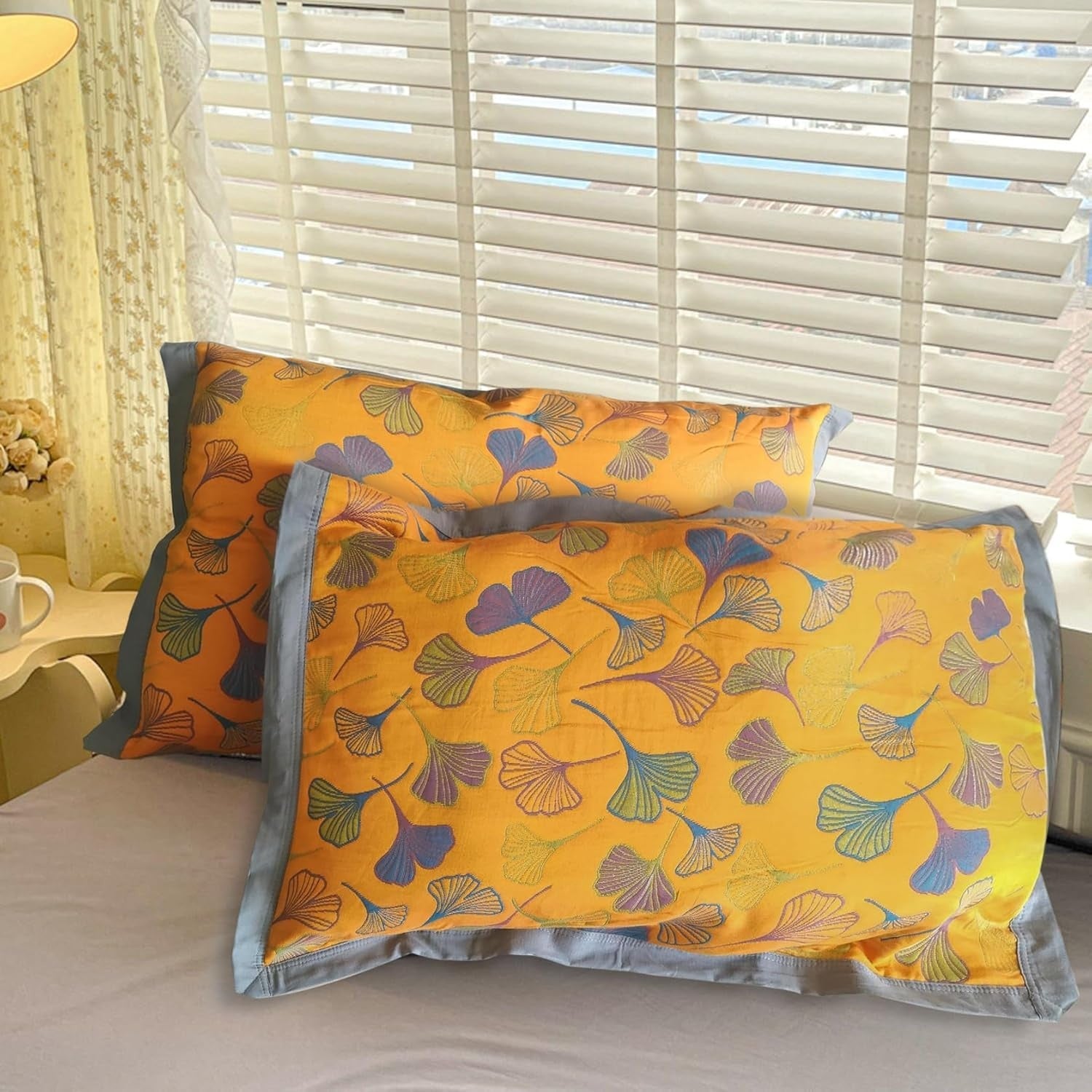Embroidered Cotton Pillowcases – Nature-Inspired Ginkgo Leaf (2pcs)