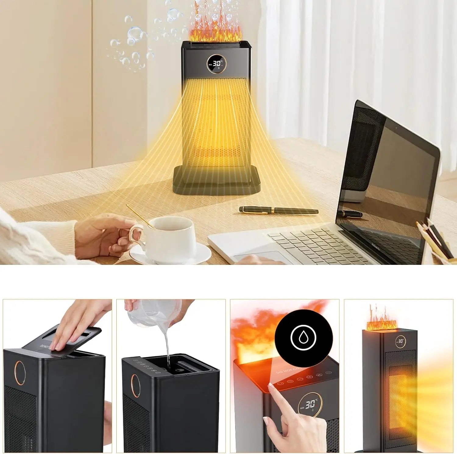 Remote Control Electric Fan Heater 1500W with Humidifier and Ambient Light
