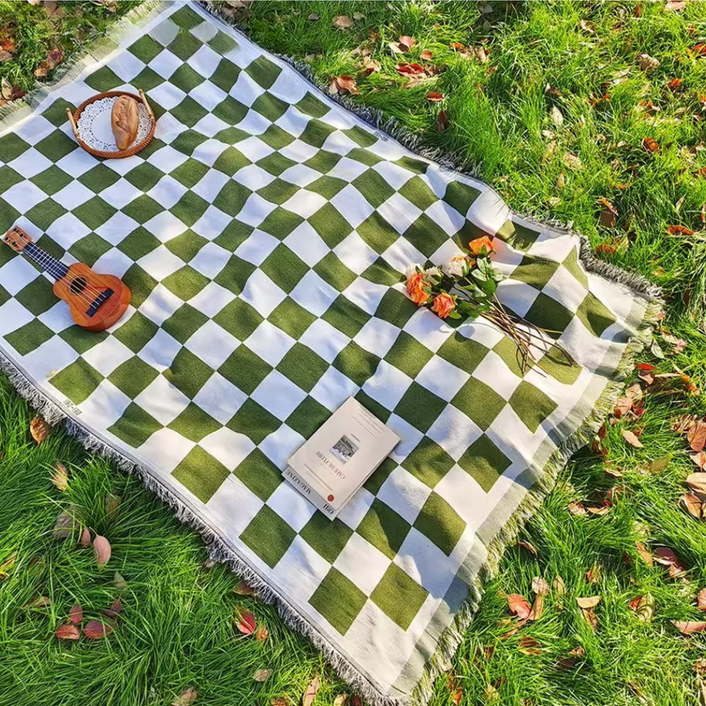 Classic Checkered Picnic Blanket with Fringe