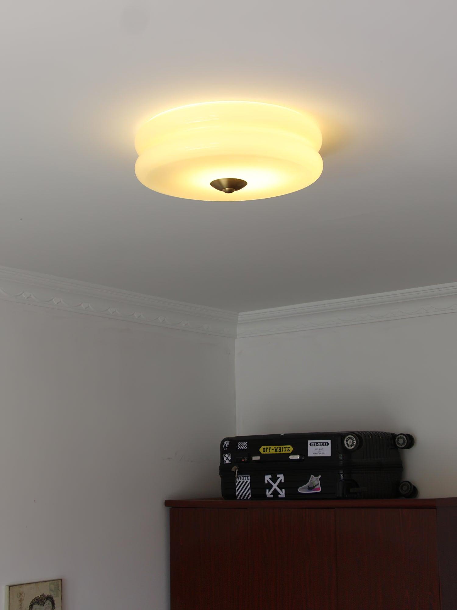 Brass & Cream Glass Semi Flush Ceiling Lamp | Retro Lighting