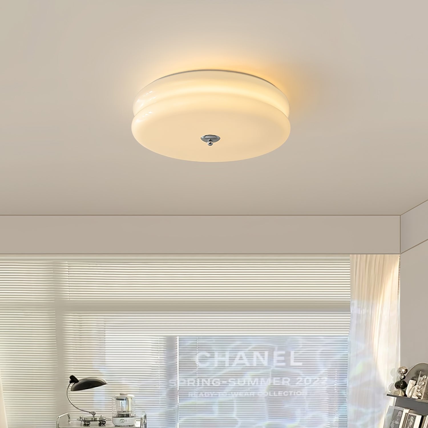 Brass & Cream Glass Semi Flush Ceiling Lamp | Retro Lighting