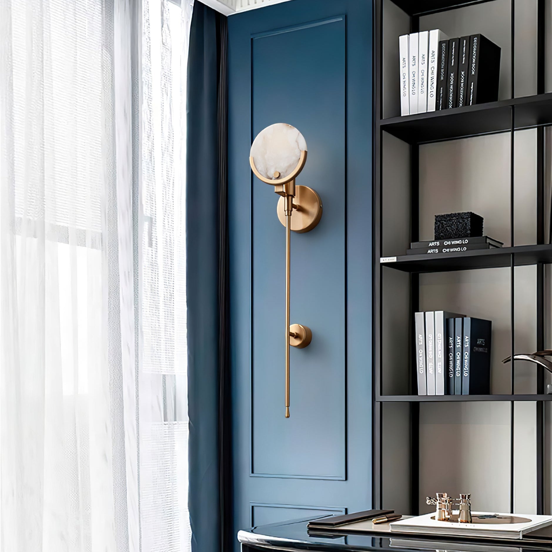 Modern Brass Wall Sconce – Alabaster Shade Accent Lamp