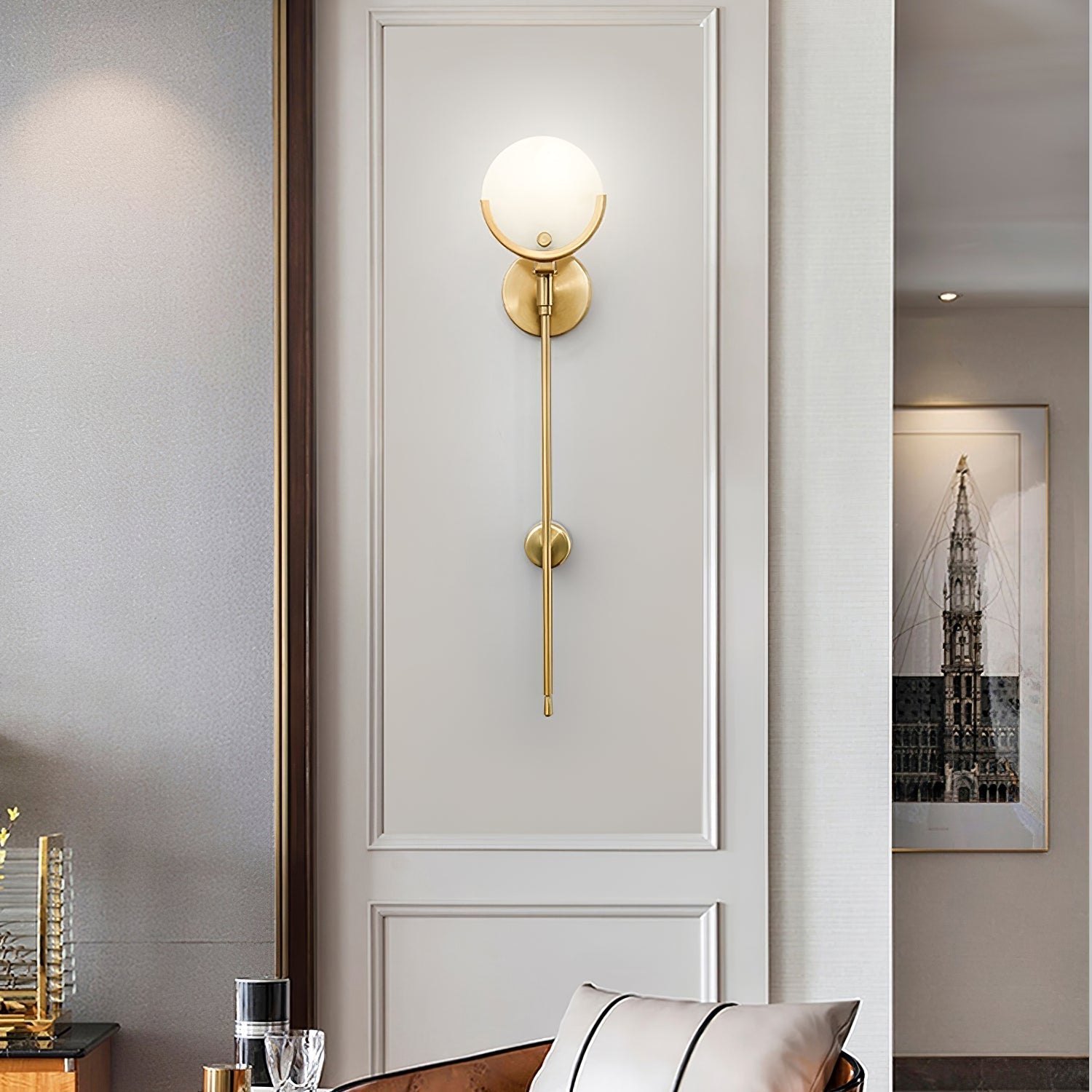 Modern Brass Wall Sconce – Alabaster Shade Accent Lamp