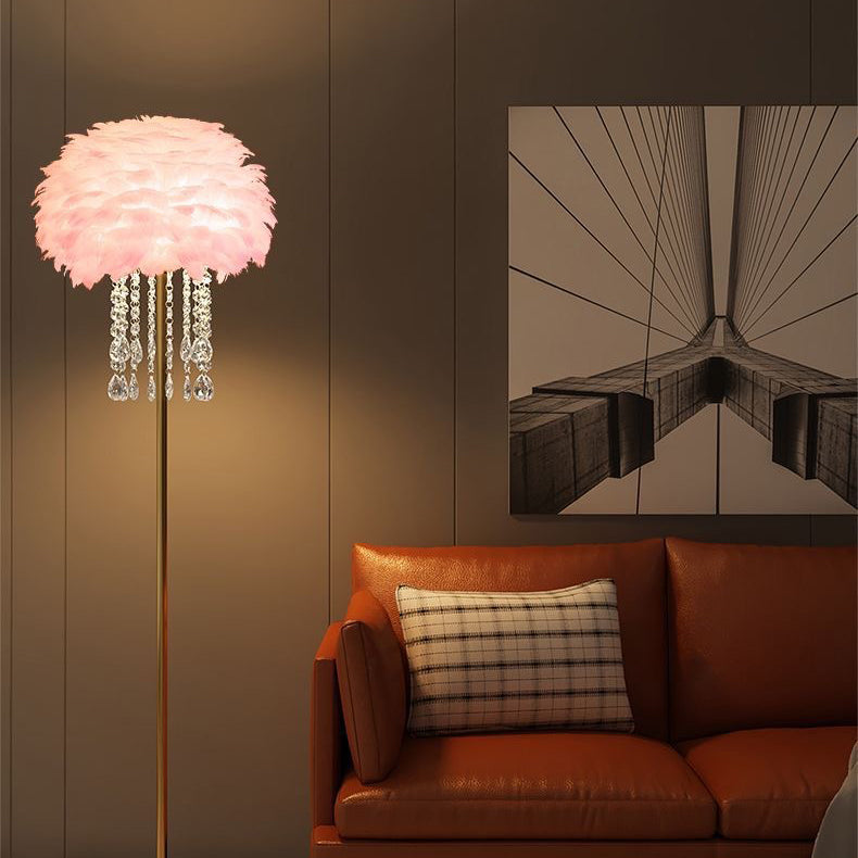 Elegant Nordic Standing Lamp with Feather and Crystal Shade