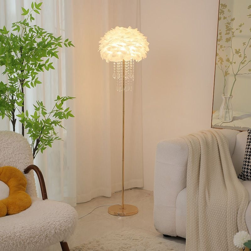 Elegant Nordic Standing Lamp with Feather and Crystal Shade