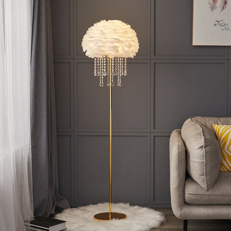 Elegant Nordic Standing Lamp with Feather and Crystal Shade