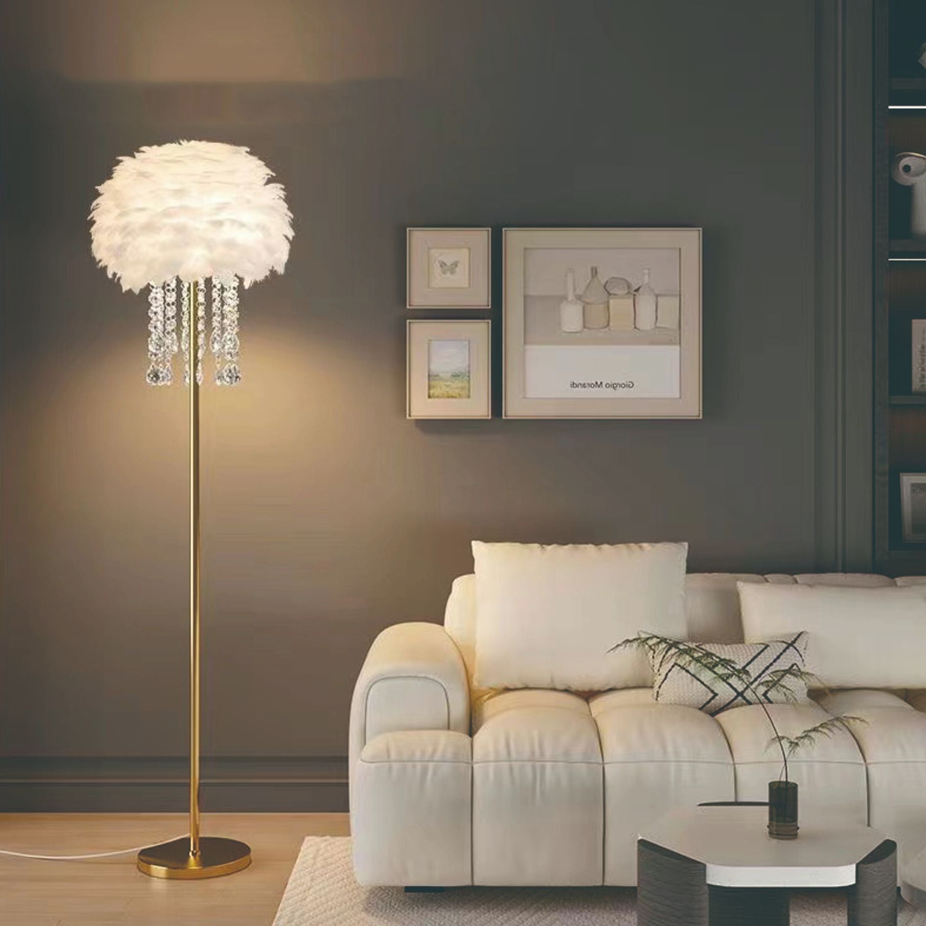 Elegant Nordic Standing Lamp with Feather and Crystal Shade