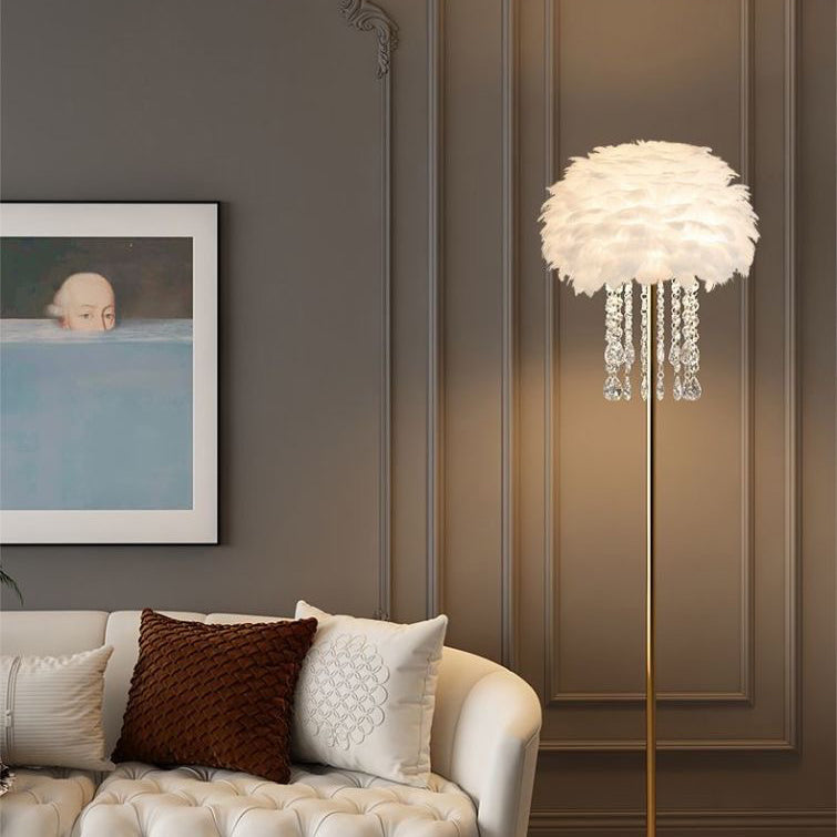 Elegant Nordic Standing Lamp with Feather and Crystal Shade