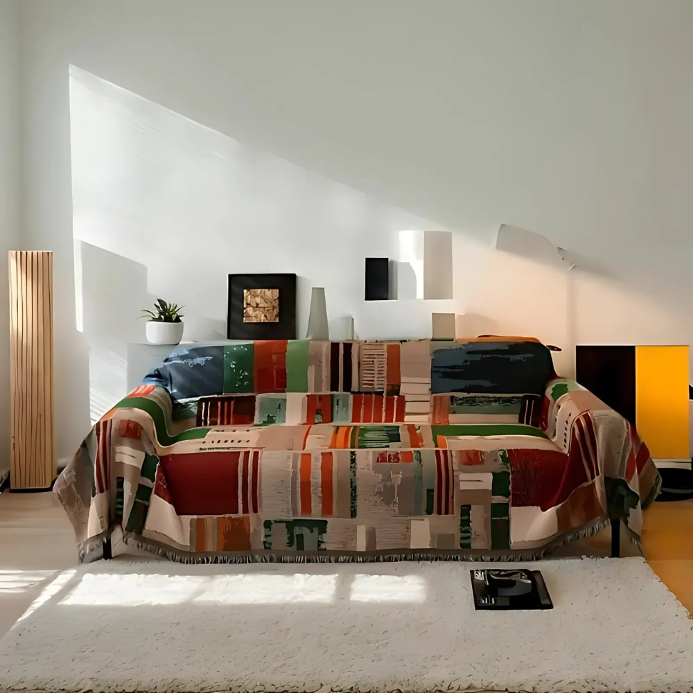 Rustic Bohemian Sofa Throw Featuring Bold Geometric Textures