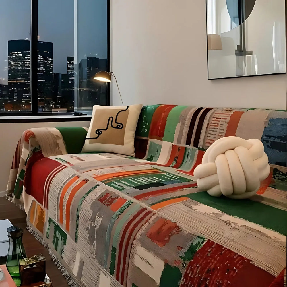 Rustic Bohemian Sofa Throw Featuring Bold Geometric Textures