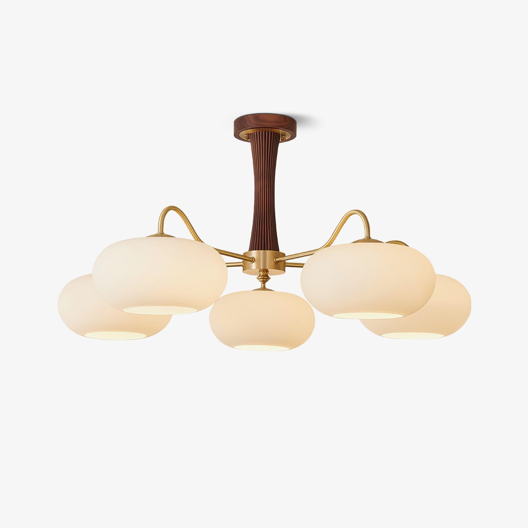 Candy-Colored Persimmon Chandelier – Brass & Wood with Glass Shades