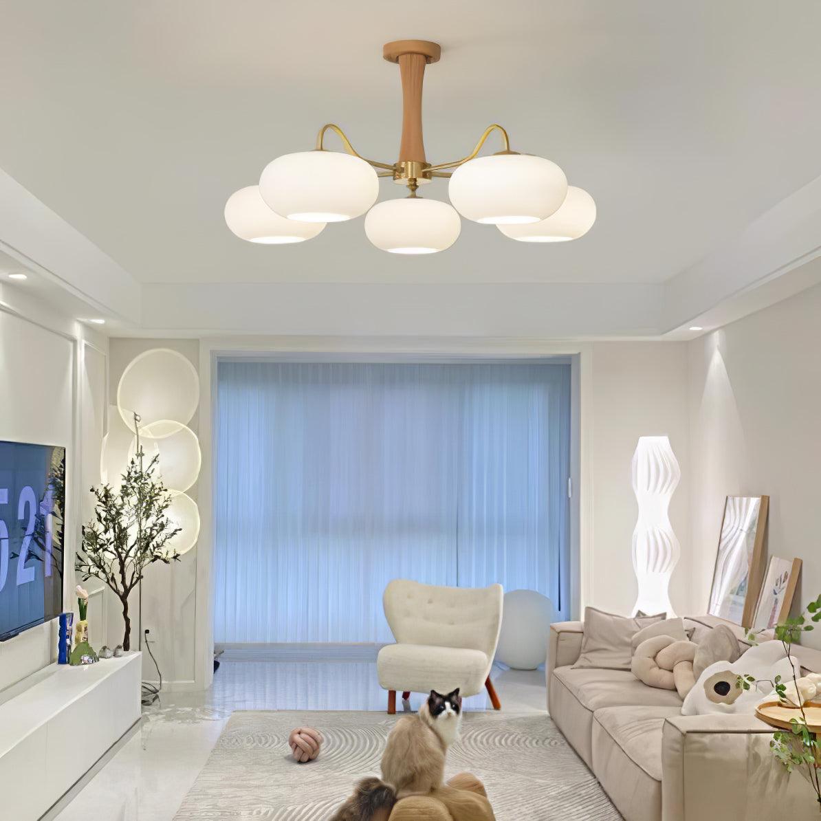 Candy-Colored Persimmon Chandelier – Brass & Wood with Glass Shades