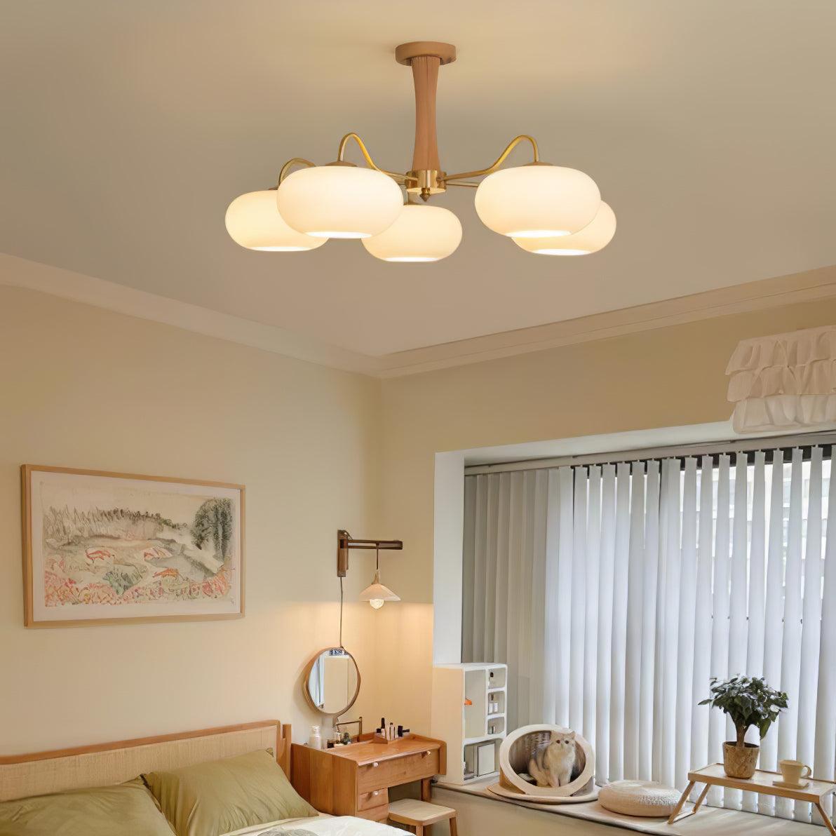 Candy-Colored Persimmon Chandelier – Brass & Wood with Glass Shades