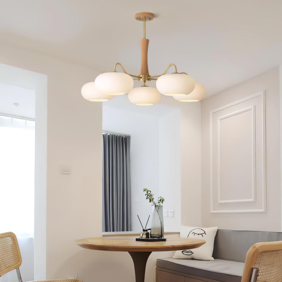 Candy-Colored Persimmon Chandelier – Brass & Wood with Glass Shades
