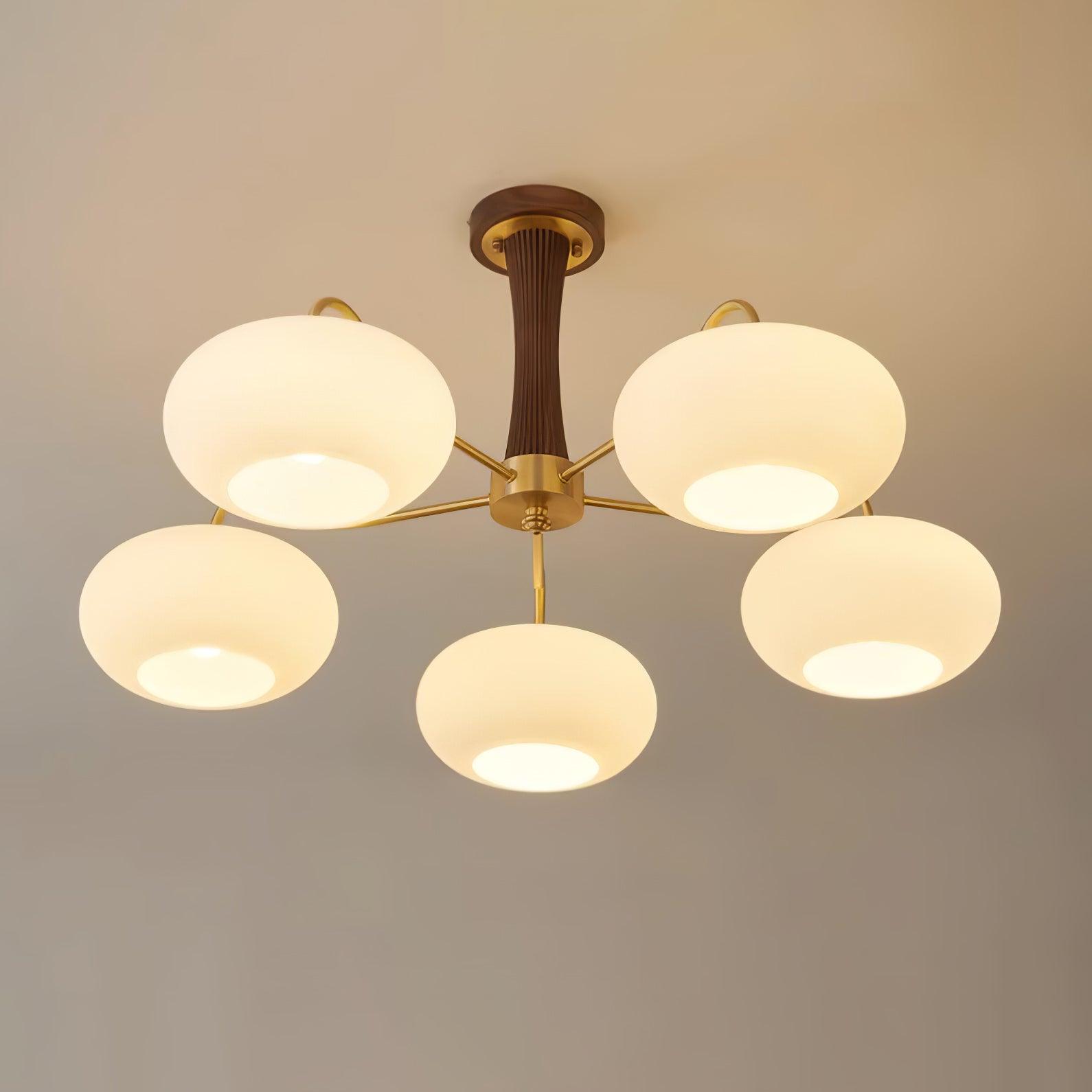 Candy-Colored Persimmon Chandelier – Brass & Wood with Glass Shades