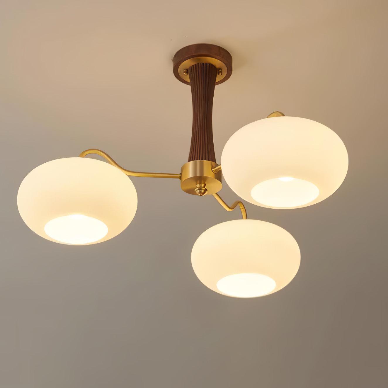 Candy-Colored Persimmon Chandelier – Brass & Wood with Glass Shades