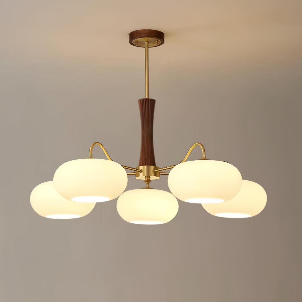 Candy-Colored Persimmon Chandelier – Brass & Wood with Glass Shades