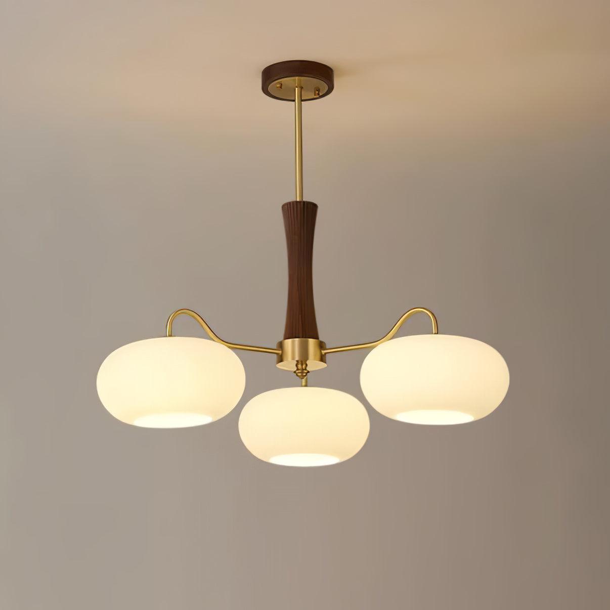 Candy-Colored Persimmon Chandelier – Brass & Wood with Glass Shades