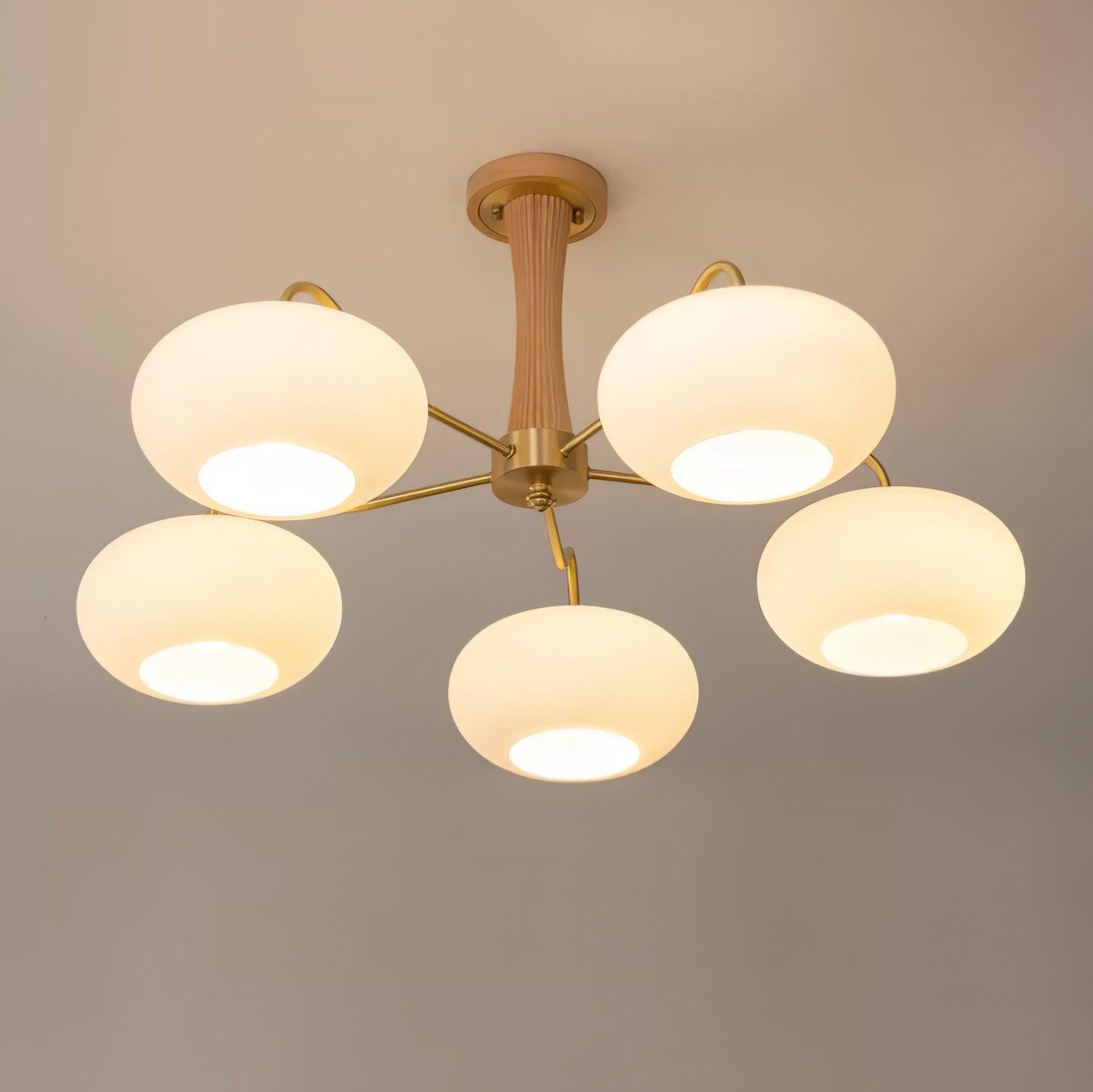 Candy-Colored Persimmon Chandelier – Brass & Wood with Glass Shades