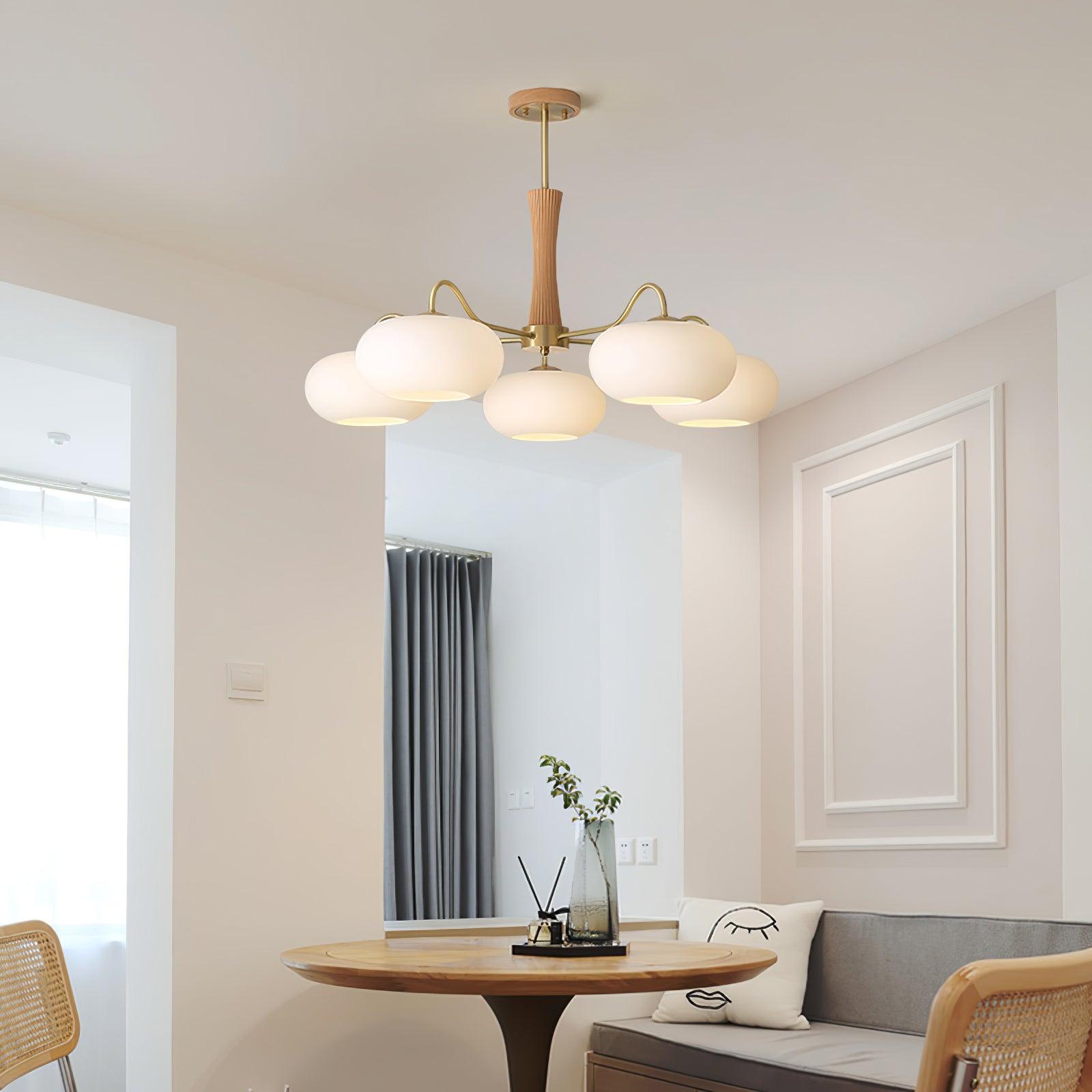 Candy-Colored Persimmon Chandelier – Brass & Wood with Glass Shades