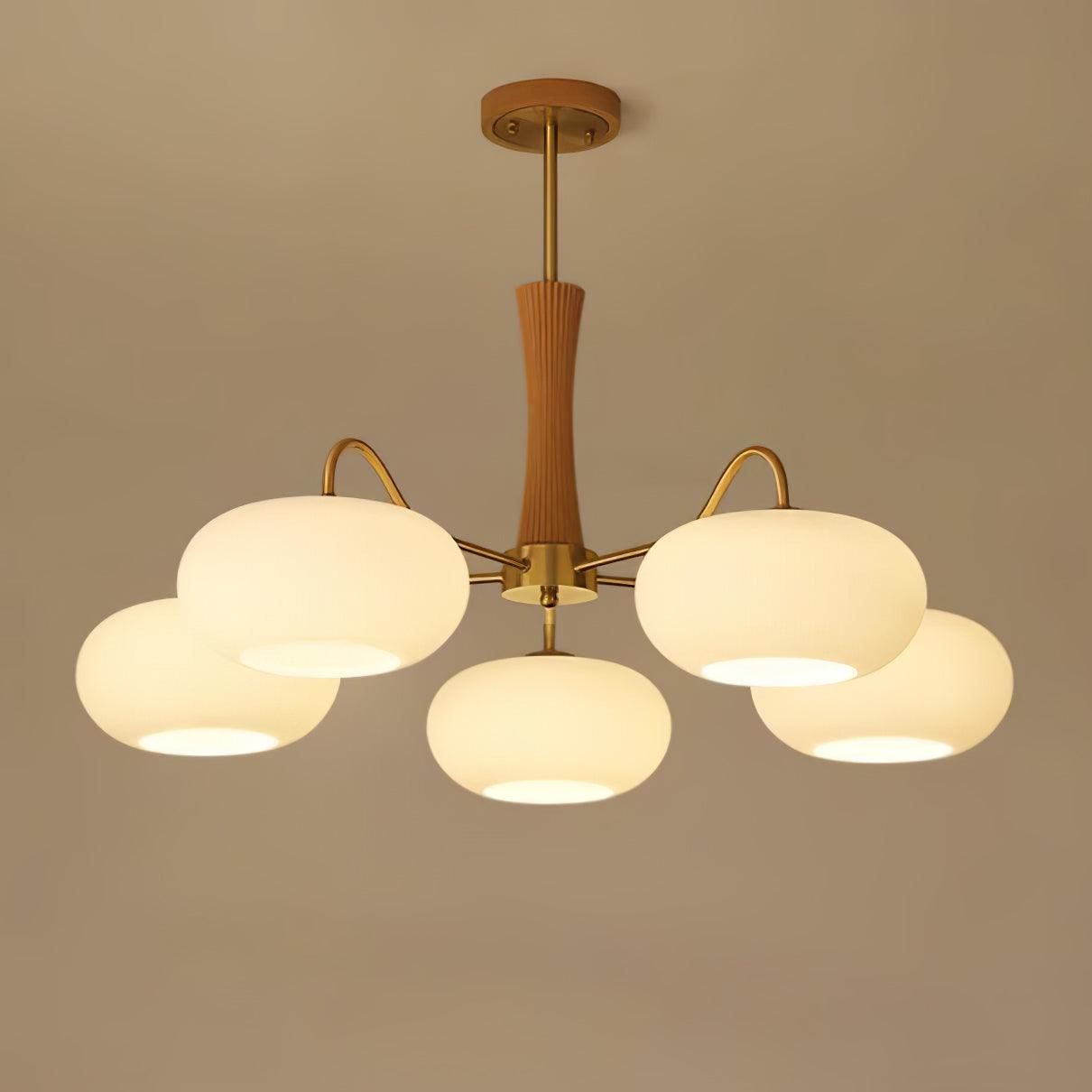 Candy-Colored Persimmon Chandelier – Brass & Wood with Glass Shades