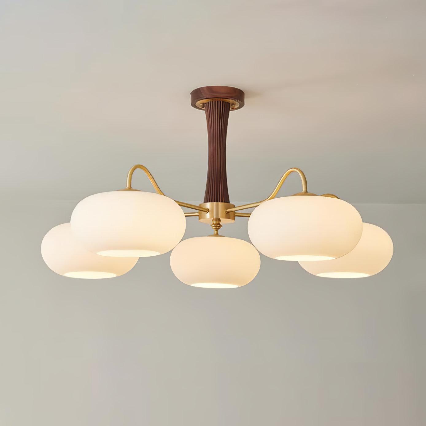 Candy-Colored Persimmon Chandelier – Brass & Wood with Glass Shades