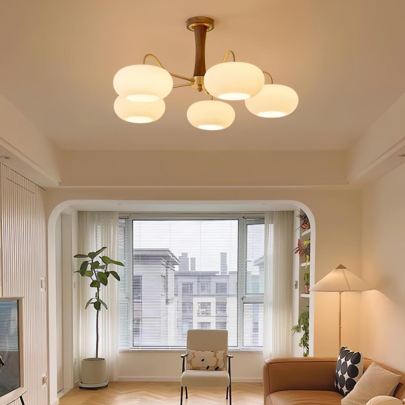Candy-Colored Persimmon Chandelier – Brass & Wood with Glass Shades