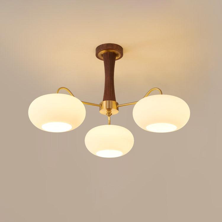Candy-Colored Persimmon Chandelier – Brass & Wood with Glass Shades