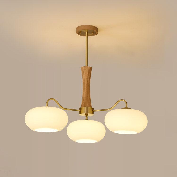 Candy-Colored Persimmon Chandelier – Brass & Wood with Glass Shades