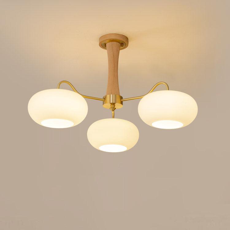 Candy-Colored Persimmon Chandelier – Brass & Wood with Glass Shades