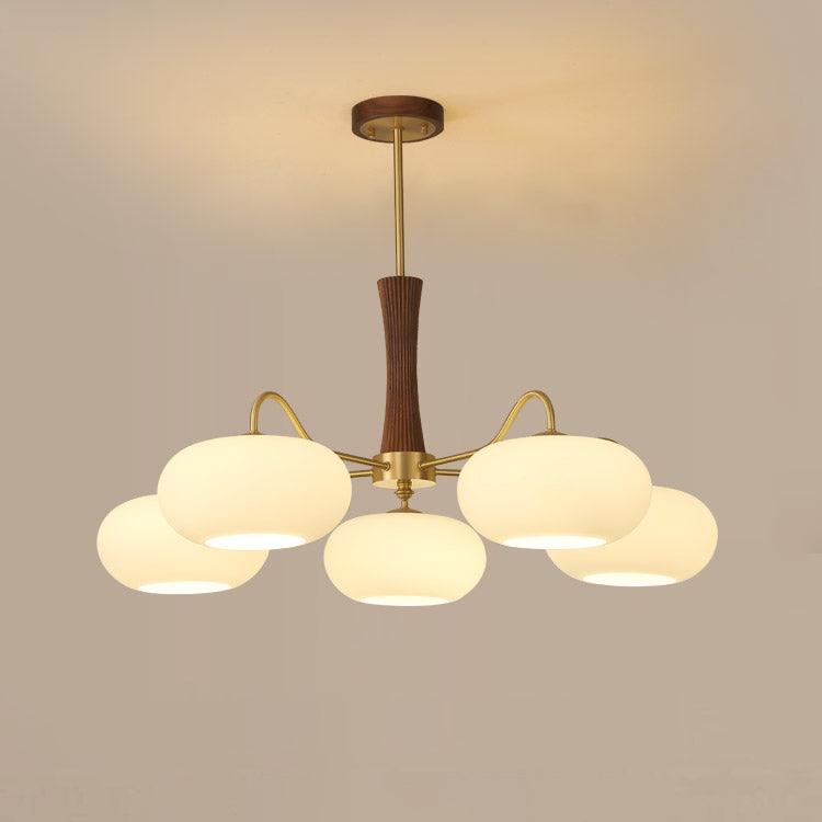 Candy-Colored Persimmon Chandelier – Brass & Wood with Glass Shades