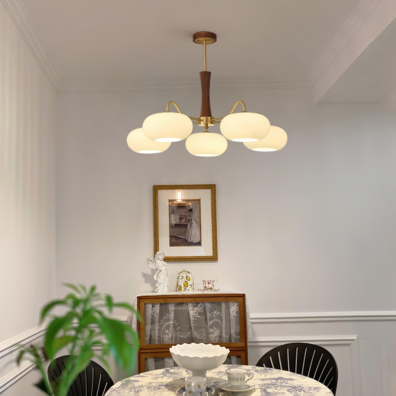 Candy-Colored Persimmon Chandelier – Brass & Wood with Glass Shades