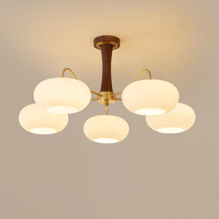 Candy-Colored Persimmon Chandelier – Brass & Wood with Glass Shades
