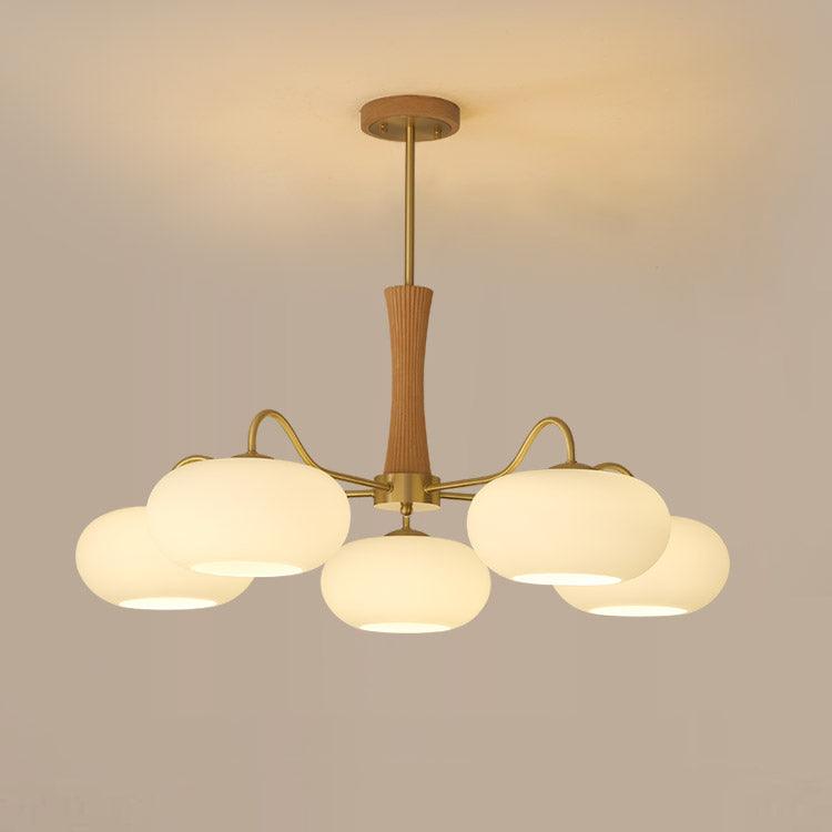 Candy-Colored Persimmon Chandelier – Brass & Wood with Glass Shades