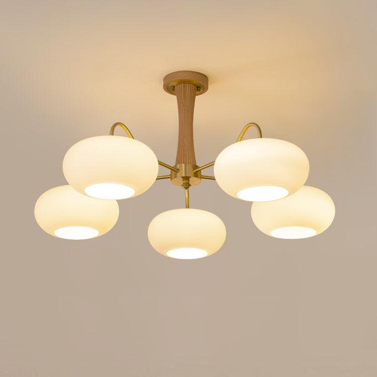 Candy-Colored Persimmon Chandelier – Brass & Wood with Glass Shades