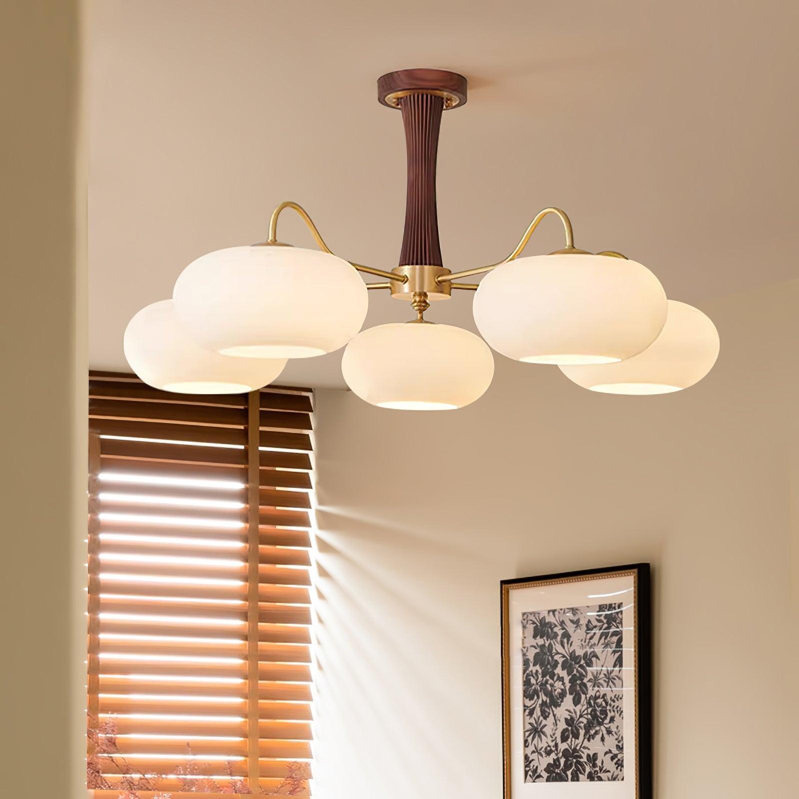 Candy-Colored Persimmon Chandelier – Brass & Wood with Glass Shades