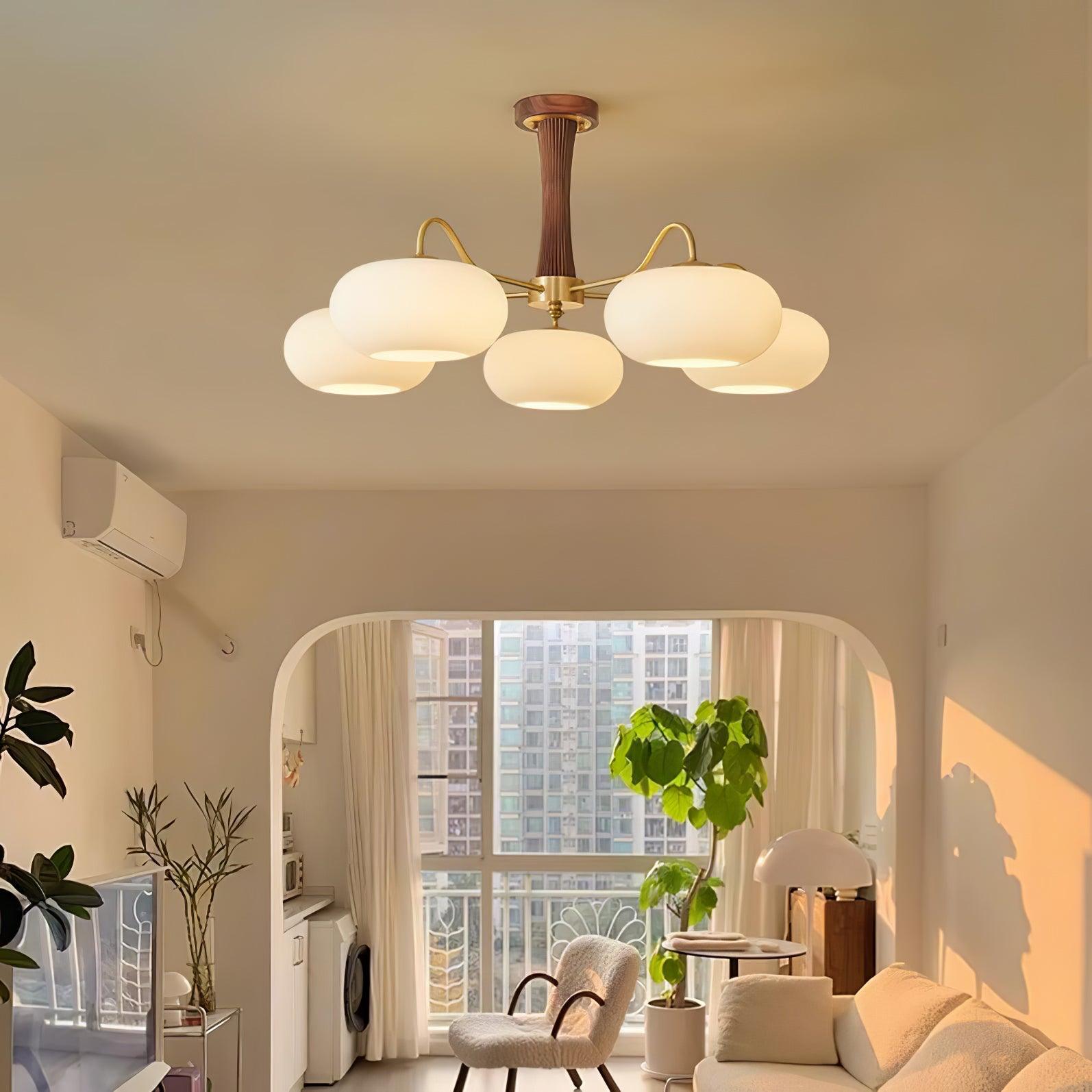 Candy-Colored Persimmon Chandelier – Brass & Wood with Glass Shades