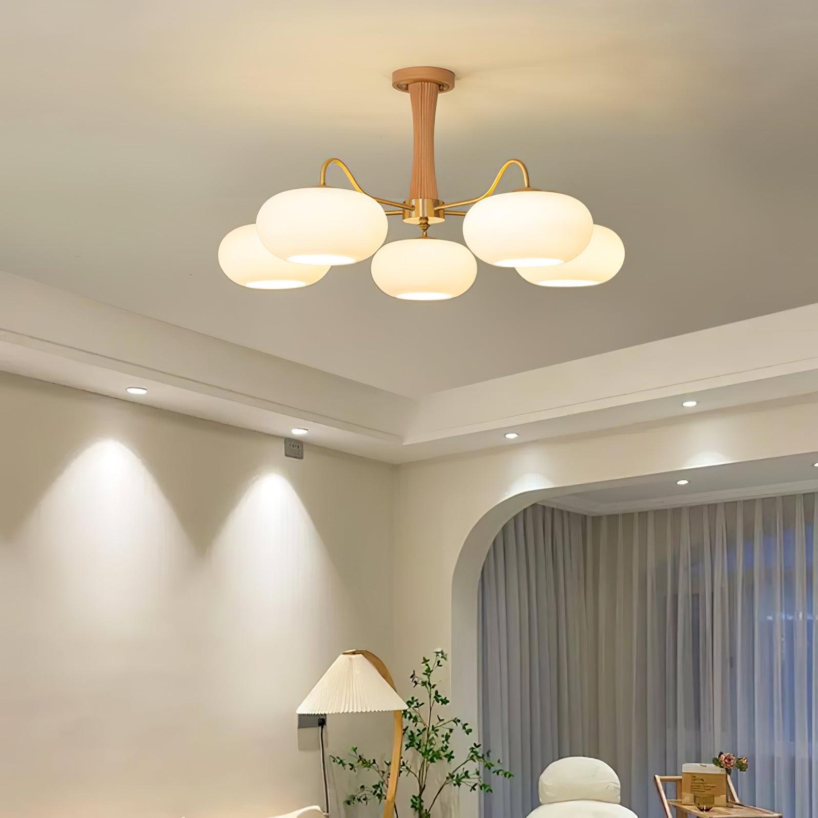 Candy-Colored Persimmon Chandelier – Brass & Wood with Glass Shades