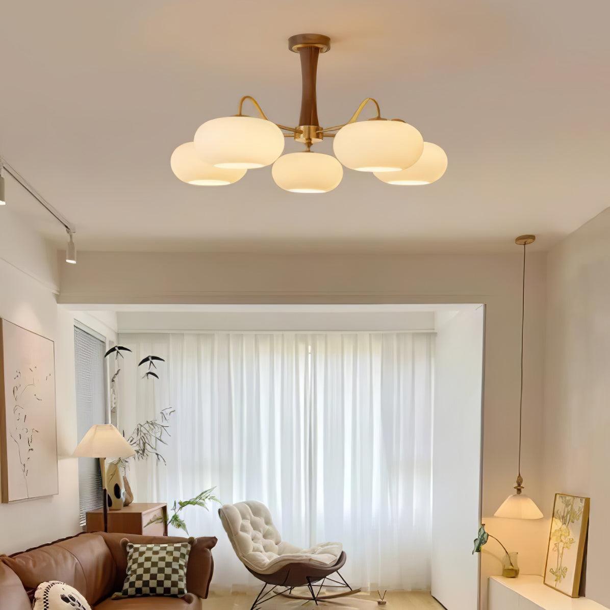 Candy-Colored Persimmon Chandelier – Brass & Wood with Glass Shades