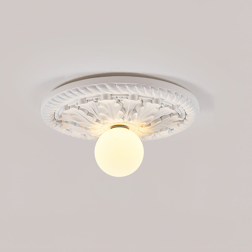 Vintage Style Resin Ceiling Light – Carved Base with Round Opal Glass Shade