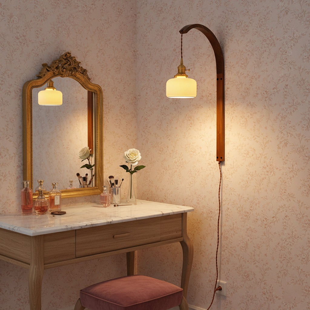 Curved Ceramic Wall Light with Walnut Finish – Plug-in Design